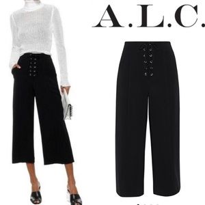 A.L.C. Kyt Lace Up Cropped High Rise Waisted Wide Leg Pants Black Side Zip 0